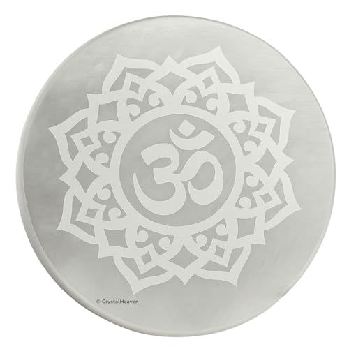 Certified Selenite Crystal Charging Plate, 3 Inch Engraved Om Flower of Life Selenite Plate for Crystal Cleansing Re-Energy Work, Meditation and Pooja (3 Inch, Om Flower of Life)