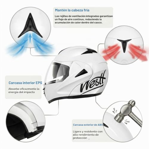 Miniatura 3 de Westt Casco Moto Hombre Y Mujer, Casco Integral, Casco Abatible, Casco Moto Jet, Chopper, Ciclomotor, Scooter, Casco Modular De Moto, Certificado Ece Dot, Blanco, L 59-60 Cm