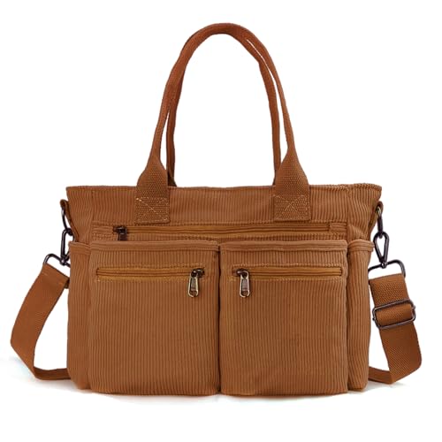 Image of KAMEILONG Womens Casual Corduroy Tote Bags with Multiple Pockets Fashion Hobo Crossbody Bag Travel Shoulder Bags Cute Purse Handbag (Brown)