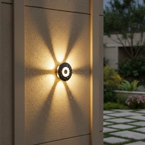 Image of FERA Waterproof Up Down Led Wall Lamp, Aluminium IP65 Body 6+1 Ray, Warm White, Indoor /Outdoor Decorative Wall Sconce Light, (HaloBeam 6 Way Warm)