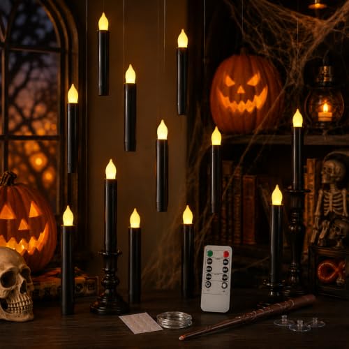 Image of Lezonic 12Pcs Floating Candles with Wand and Remote, Magic Black Flameless Candles Battery Operated, Flikering Hanging LED Taper Candlesticks Halloween Decorations, 0.8 inch x 6 inch