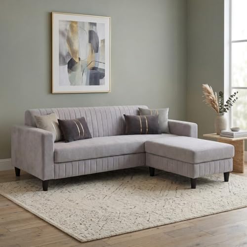 Image of Avrel 3 Seater Velvet Fabric Sofa Set with 1 Ottoman (Light Gray) | Soft Touch Fabric | Plush Cushions | Comfortable Living Room Seating | Stylish Living Room Sofa