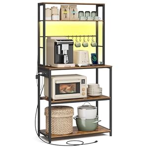 VASAGLE Coffee Bar with LED Lights, Kitchen Bakers Rack with Power Outlet, Microwave Stand with Adjustable Shelves, 8 Hooks, 15.7 x 31.5 x 65.7 Inches, Rustic Brown and Matte Black UKKS050K01