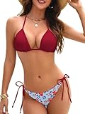 Bikini Sets for Women Triangle String Floral Bikini Two Piece Swimsuit Halter Top Bathing Suit with Reversible Bottom Red L