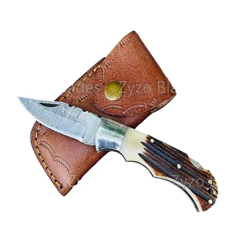 Handmade Stag Antler Handle Pocket Folding Knife Damascus Blade