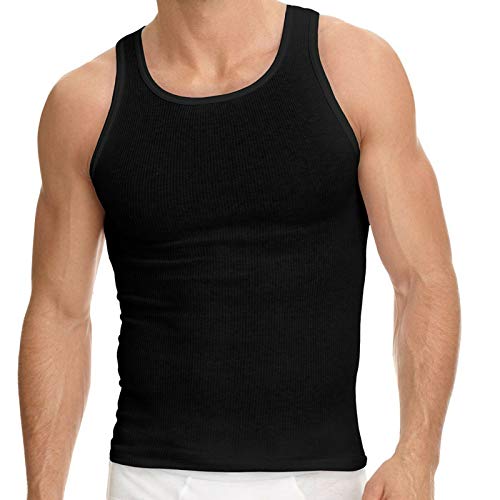 Mens 100% Cotton Tank Top A-Shirt Wife Beater Undershirt Ribbed Black 6 Pack (Black, Large)