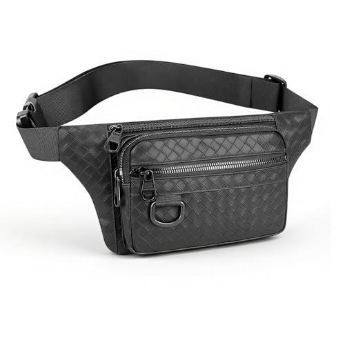 Image of GUSTAVE PU Waist Bag Outdoor Lightweight Day Bag Multi Zipper Compartment Travel Bag Chest Bag with Adjustable Strap, Fashion Woven Pattern Compact Shoulder Bag for Hiking, Travel, Casual Use