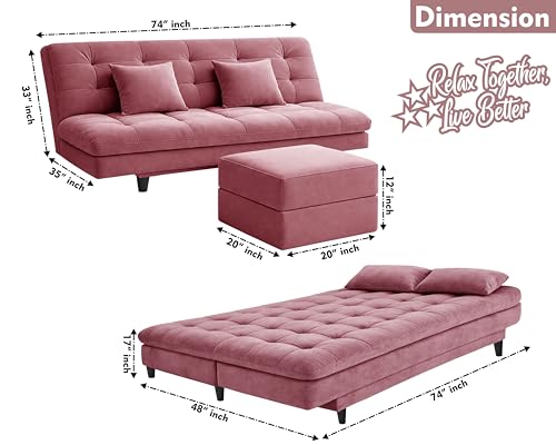Image of Rosebell Modern Three-Seater Sofa Cum Bed - Foldable Velevt Fabric Sofa, Foam Seating, Stylish Design for Living Room, Guest Room & Office-Rose Pink