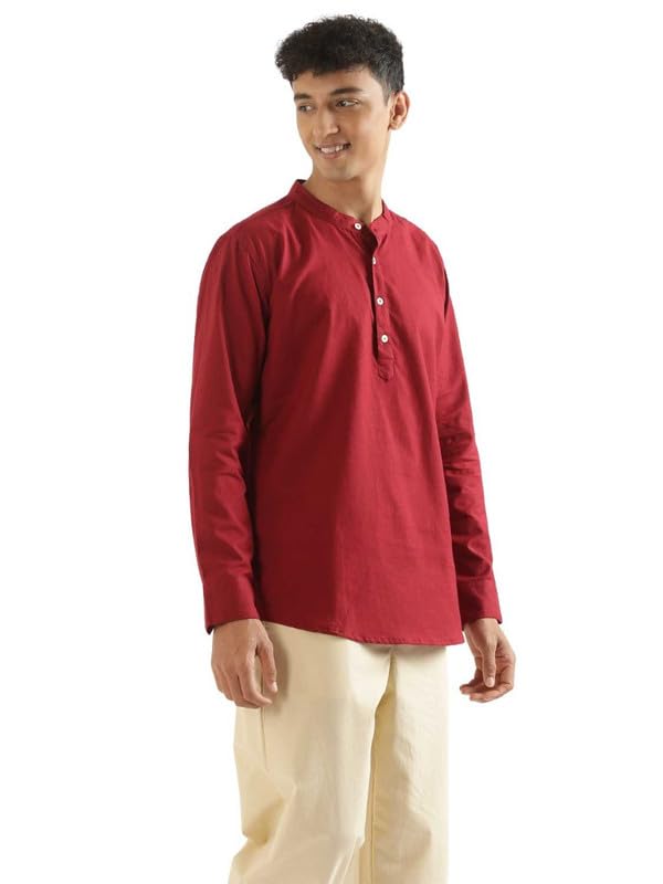 Image of SAADAA Men's Short Kurta - Linen Cotton Blend, Airy Fabric, Regular Fit, Mandarin Collar, Solid Color - Casual, Festive & Ethnic Wear