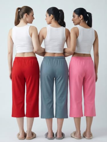 Image of Fflirtygo Women's Cotton Plain Calf Length Capri | Nightwear Pajama | 3 /4th Solid Pyjama Pant | Black Navy and Lavender Lounge Pants | Casual wear & Lounge Wear Capri Combo (Pack of 3)