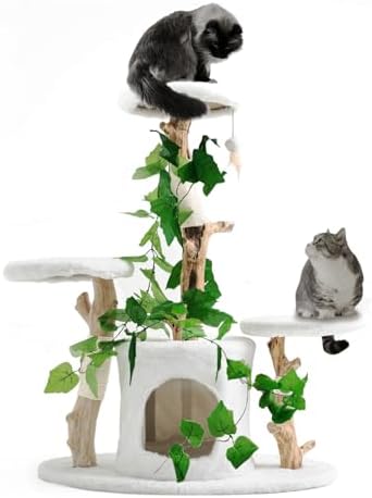Cat Tree 38 Inch Real Wood Cat Tower with Natural Branches, Cat C...