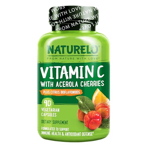 NATURELO Vitamin C with Organic Acerola Cherry Extract and Citrus Bioflavonoids – Vegan Supplement – Immune Support – 500 mg VIT C per Cap – Non-GMO – 90 Capsules