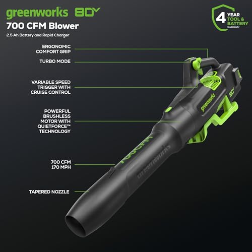 Greenworks 80V (700 CFM / 170 MPH) Brushless Cordless Leaf Blower, Commercial-Grade Power, 40-Min Rapid Charger for Wet Leaves, Heavy Debris, Gravel and Driveway Snow, Includes 2.5Ah Battery & Charger