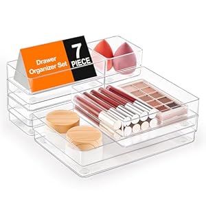 SMARTAKE 7-Piece Drawer Organizer with Non-Slip Silicone Pads, 4-Size Desk Drawer Organizer Trays Storage Tray for Makeup, Jewelries, Utensils in Bedroom Dresser, Office and Kitchen (Clear)