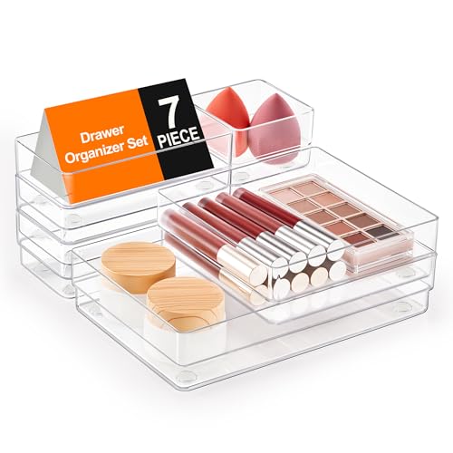 SMARTAKE 7-Piece Drawer Organizer with Non-Slip Silicone Pads, 4-Size Desk Drawer Organizer Trays Storage Tray for Makeup, Jewelries, Utensils in Bedroom Dresser, Office and Kitchen (Clear) by SMARTAKE - Used condition - US$11.08