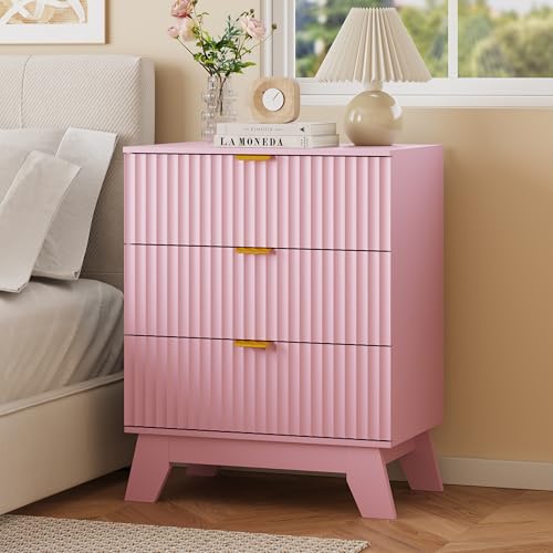 Image of Fluted Nightstand with 3 Large Drawers, Wooden Side End Table with Elevated Legs for Easy Cleaning, Sturdy Modern Beside Table for Small Space, Bedroom, Pink, 24 inch L