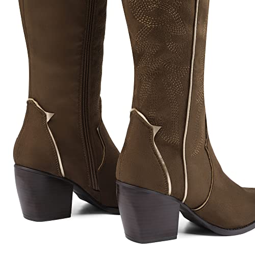 Image of DREAM PAIRS Womens Cowboy Boots Wide Calf Comfortable Pull On Zipper Chunky Heel Pointed Toe Embroidered Western Cowgirl Knee High Boots Ladies Retro Tall Boot