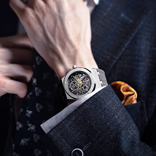 Feice Men Watches 42Mm Steel Automatic Watch Mechanical Skeleton 5Atm Waterproof Casual Watch For Men Luxury Business Wristwatch Silicone Band Ff019Gray #TOP2