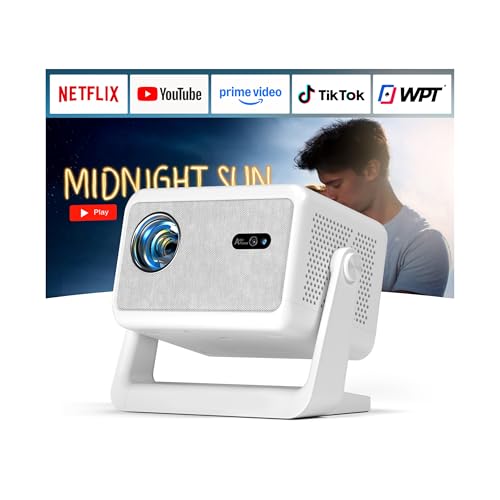 Image of [Officially-Licensed APP ] Projector with WiFi and Bluetooth,Auto Focus Smart Projector, AuKing Outdoor Movie Home Theater Proyector with Omni-Adjustable Stand(Pearl White)