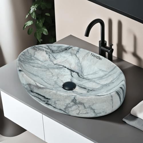 Image of Designer Counter Top Wash Basin | Tabletop Ceramic Bathroom Sink | Wash Basin Over Counter | Wash Basin For Bathroom, Living Room (24 x 15 x 6 Inch) (Glossy Off-White N Black Strip)