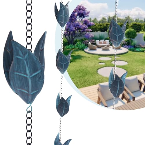 Longzhuo Rain Chain Set, 8.5 Ft Adjustable Leaf Rain Catcher Chain for Gutters, 12 Blue Leaf Cups Coated Rust-Resistant Rain Chains for Gutters, Eaves, Drainage, Divert Water and Home Display