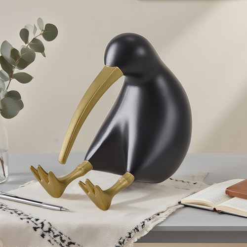 Figura Decorativa de Resina Pájaro Kiwi Abstracto Negro y Dorado