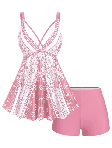 ROSE GAL Rosegal Womens Plus Size Tribal Geo Print Crisscross Padded Boyshorts Tankini Swimsuit