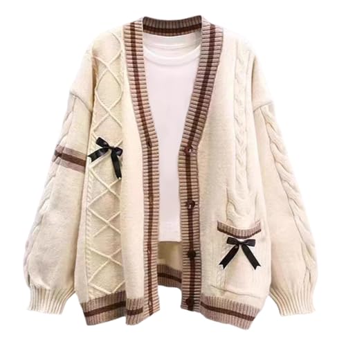 [QUNCHAORI] ニットカーディガン ゆったり レディース リボン付き 学生 セーター ストライプ カーディガン 森ガール 秋セーター きれめ カジュアル 可愛い お洒落 ロリータ風 春服 秋服 春秋冬 通勤 通学 日常服 ふわふわ 長袖 (JP, アルファベット, M, コーヒー) - QUNCHAORI - 商品画像