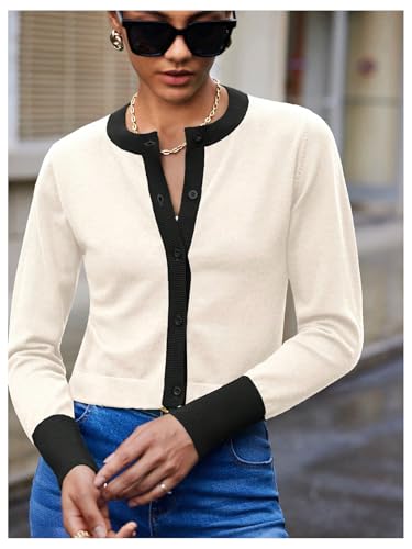 Image of WDIRARA Women's Button Front Crop Cardigan Sweaters Long Sleeve Contrast Trim Knit Cardigan Tops Apricot Small