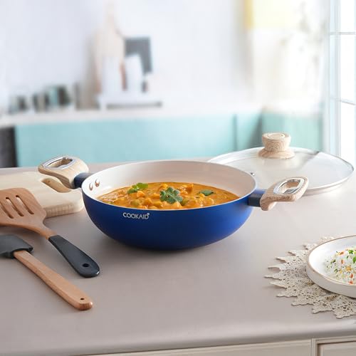 Image of Kadhai with Glass Lid 22cm 2 Litre | Velora Non Stick Ceramic Coating | ISI Certified | Aluminium Body | Induction Stovetop Compatible | Kitchen Cookware Kadai for Cooking |