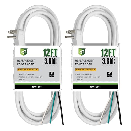 EP 2 Pack 12 Ft Flat Plug Appliance and Power Tool Cord, 14 Gauge 3 Prong 15A Replacement Power Supply Cord Cable, 110V 115V 120V AC Pigtail, White