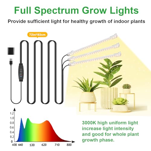 Image of LED Grow Light Strips, Grow Lights for Indoor Plants Full Spectrum 3000K, 78 LEDs Plant Light with 3 /9 /12H Timer, 10 Dimmable Levels for Seedling Succulent and Plant Shelf, 3 Head 8.6 Inches