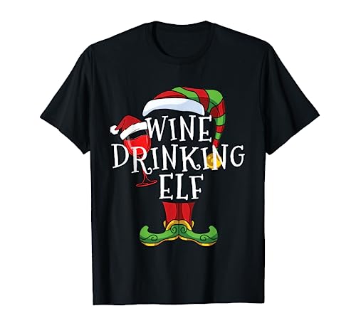 Wine Drinking Elf Lover Family Matching Christmas Funny T-Shirt