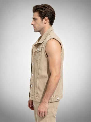 Image of Men's Sleeveless Ripped Denim Vest Casual Slim Fit Button Down Jeans Vests Jacket