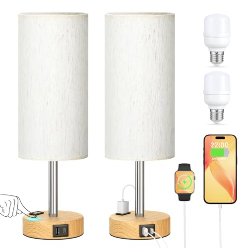 Touch Bedside Table Lamps Set – 3 Way Dimmable Bedroom Lamps Set of 2 with USB C and A Ports, Small Lamps for Nightstand with AC Outlet, Wood Base Round Flaxen Shade for Desk, Office, Dorm, Nursery