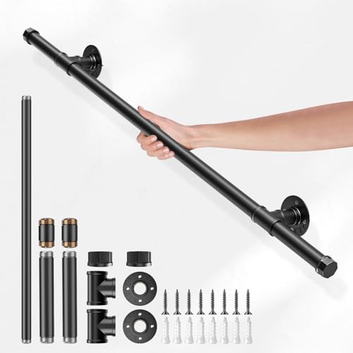 Pasamanos para Escalera, Couleeur Negro Barandilla Escalera Estilo Industrial Profesional, Tubería de Pasamanos y Antideslizante Hierro Forjado para Interiores y Exteriores pared Loft Ancianos(1M)