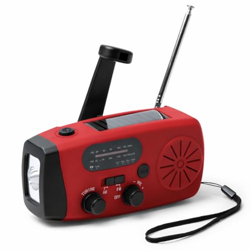 HISPAVIR | Radio de Emergencia Solar con Manivela, Dinamo y Powerbank 2000mAh – Linterna LED, Sirena SOS, Am/FM, Entrada USB y Salida Tipo C, Radio Supervivencia Multifunción (Rojo)