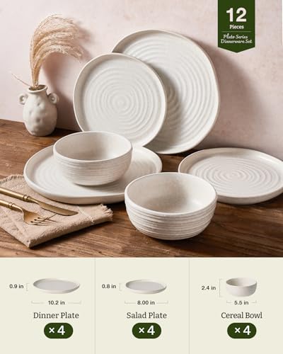 Image of Famiware Pluto Stoneware Dinnerware Sets, 12-Piece Double Reactive Glaze Plates and Bowls Sets, Dishware Sets for Everyday & Formal Dining, Irregular Edge Dishes, Service for 4, Matte Beige White