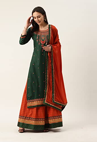 Image of LYMI LABEL Women Viscose Rayon Foil Printed & Embroidered kurta with Flared Skirt & dupatta