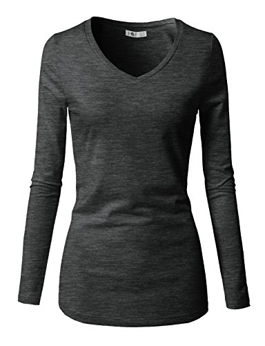 H2H Women Basic Fitted Soft Lightweight Long Sleeve Deep V Neck T Shirt Tee Charcoal US L/Asia L (CWTTL0250)