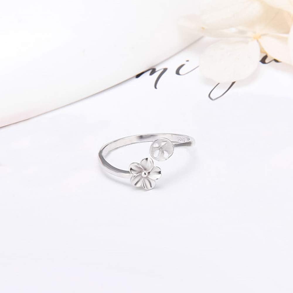 Sterling Silver Flower Design Adjustable Rings for Women, Design Ring Mounts Fittings with Pearl Seat for DIY Jewelry Making