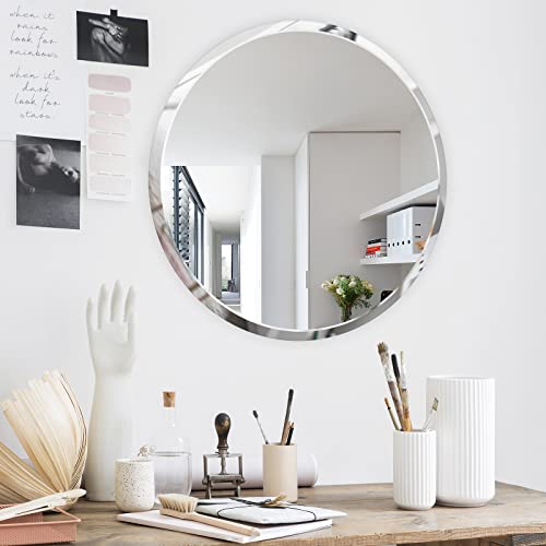 Pandeels Frameless Round Mirror - 20 Inch Circle Mirror - 1" Beveled Polished Edge - Hanging Wall Mounted Decorative For Bathroom, Living Room, Bedroom, Entryway #TOP1