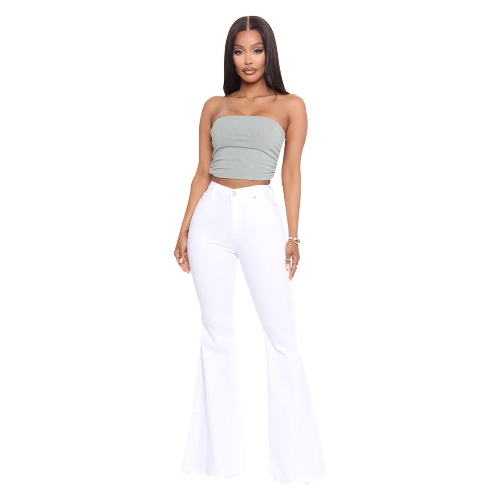 ISALUX Women's Denim Flare Pants High Waist Stretch Denim Wide Leg