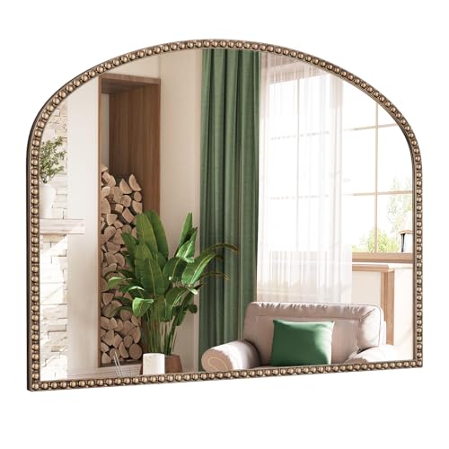 Brauthon Arched Antique Gold Mirror with Beaded, 28"x36" Decorative Wall Mirrors, Champagne Bronze Brass Frame Vintage Mirror for Bedroom Dressing Room Entryway Fireplace