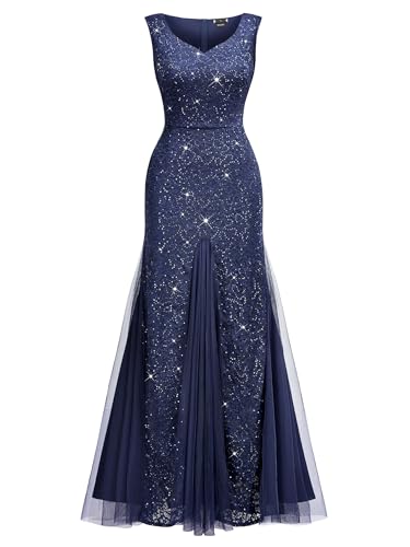 Image of Miusol Women's Elegant V Neck Sleeveless Sequin Lace Evening Party Dress