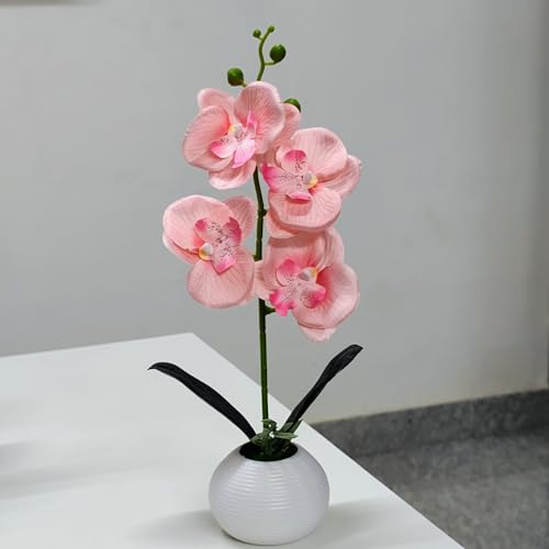 Image of CURATED CART Flower Pot with Artificial Flowers - Orchid Peach Flower with White Vase | Ideal for Home Decor | Office Decor | Gifting | Size 36 x 9cm