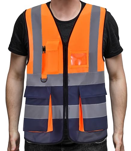 PB TECH Hi Vis Zipper Front High Visibility Reflective Vest Hi Vis Executive Jacket Vest Waistcoat ID & Multiple Pockets (Orange & Navy, XXL)