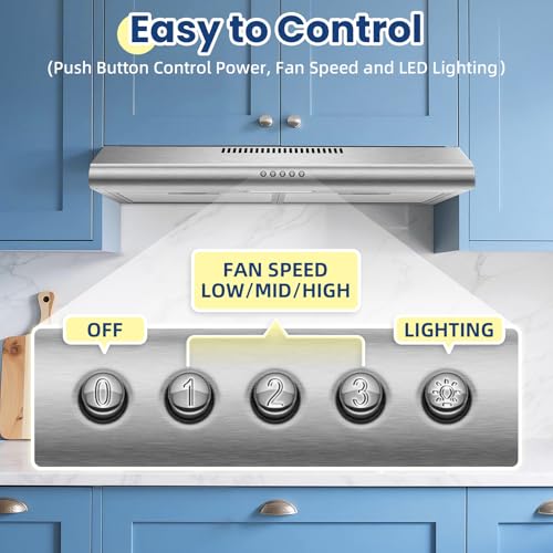 Image of Under Cabinet Range Hood 30 inch, Stainless Steel Kitchen Hood with 280 CFM, Button Controls, Stove hood with Carbon Filter, Ducted /Ductless Convertible, 2 Pcs Aluminum Filters