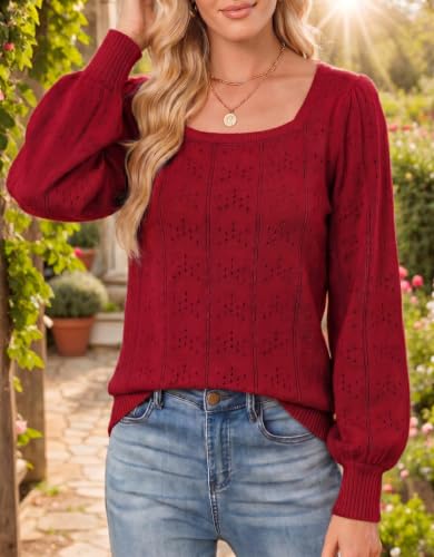 Image of HOTOUCH Sweaters for Women 2026 Fall Trendy Tops Casual Puff Sleeve Square Neck Cute Tunic Pullover Blouses XS-XXL