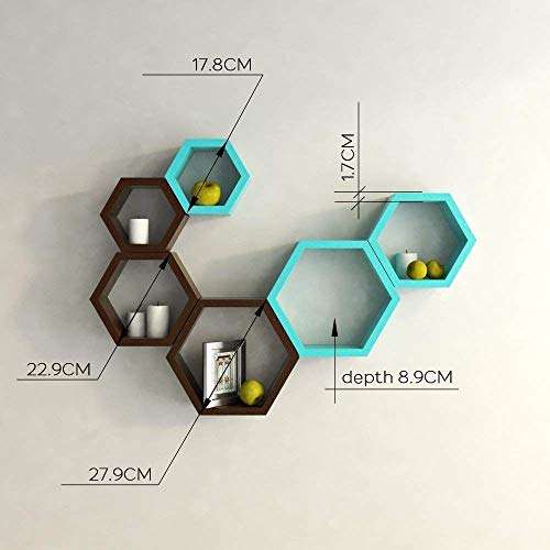 Image of BAS Engineered Wood Decorative Display With Hexagon Shape Set Of 6 Floating Wall Shelves And Racks For Living Room (Brown & Blue)